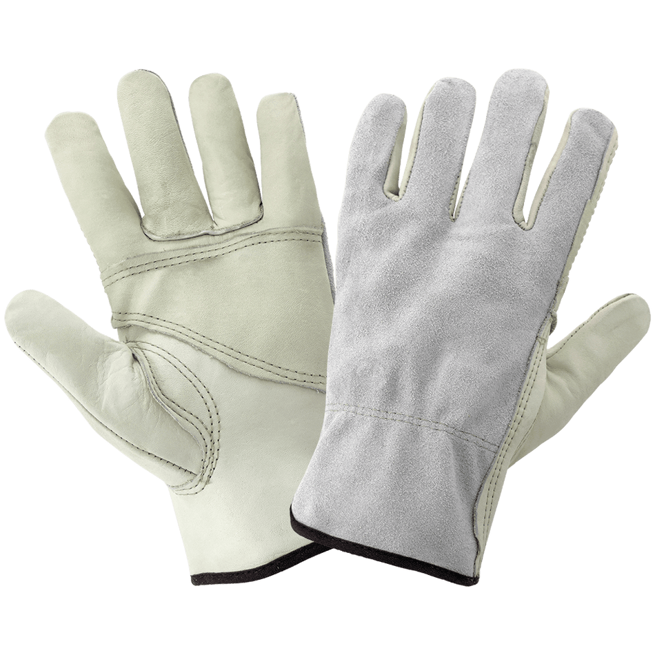 Economy-Grade Gray Cowhide Grain Patch Palm Leather Gloves - 12 Pair