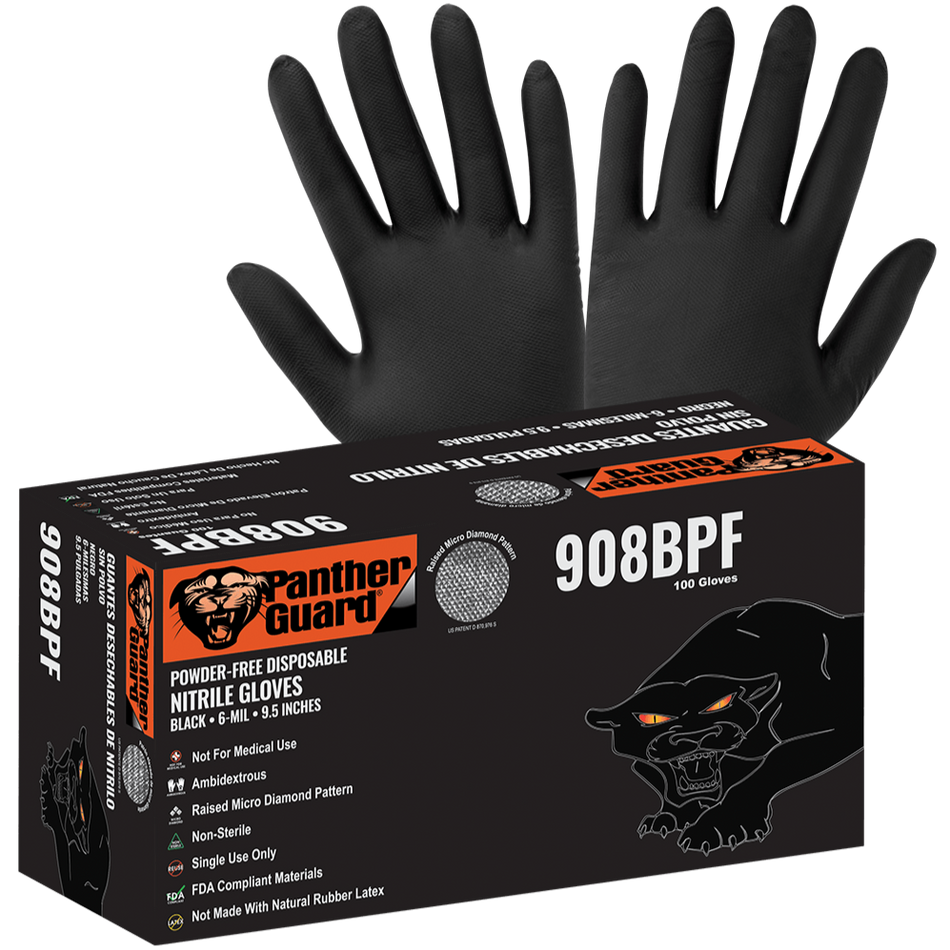 Panther-Guard® Heavyweight Nitrile, Powder-Free, Industrial-Grade, Raised Micro-Diamond Pattern, Black, 6-Mil, 9.5-Inch Disposable Gloves