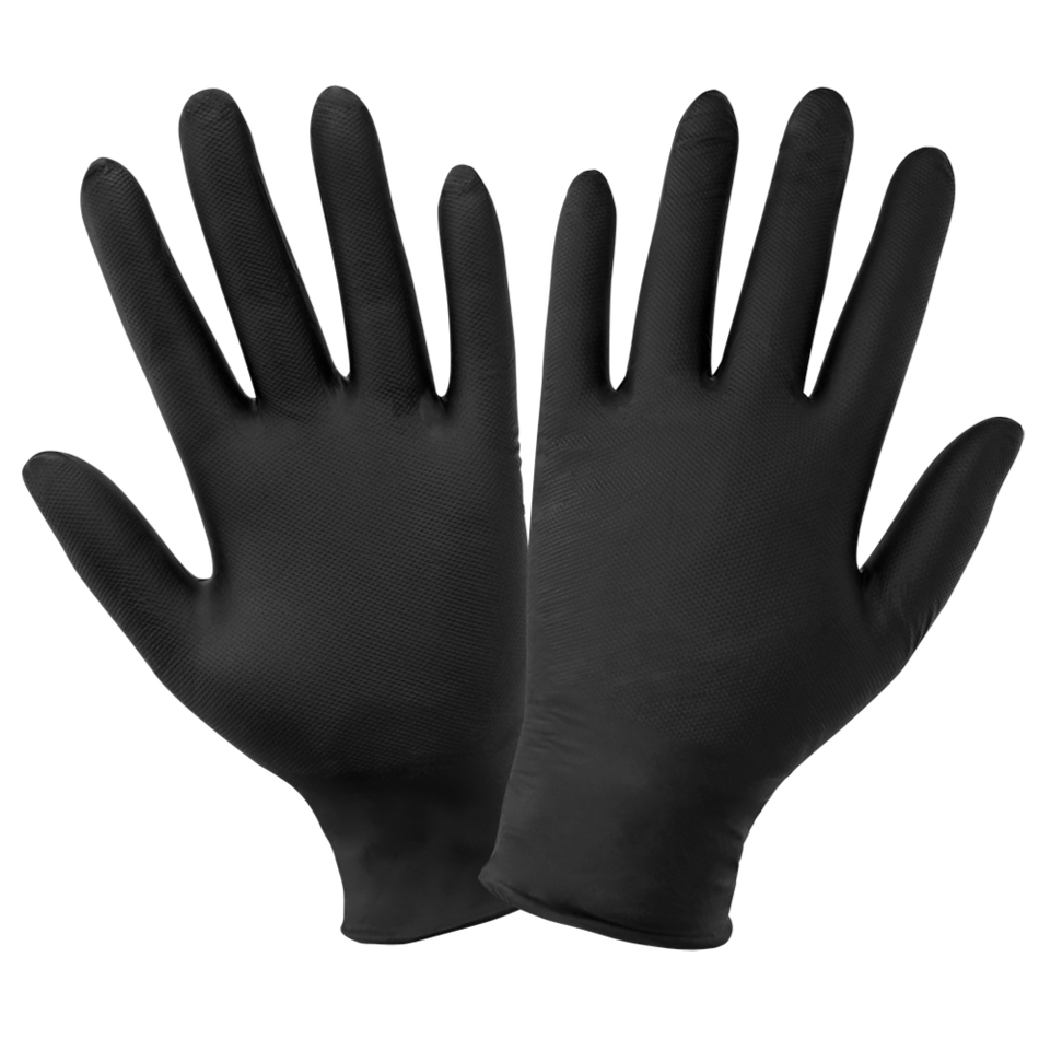 Panther-Guard® Heavyweight Nitrile, Powder-Free, Industrial-Grade, Raised Micro-Diamond Pattern, Black, 6-Mil, 9.5-Inch Disposable Gloves